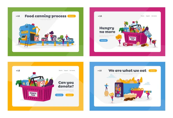 Lebensmittelspenden, Herstellung von Konserven und Snacks Landing Page Template Set. Winzige Figuren sammeln Korb, um armen Menschen zu helfen, Förderband, Fastfood. Cartoon People Vektor Illustration — Stockvektor