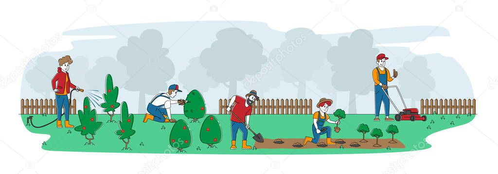 Gardening Work. Men Women Cottagers or Gardeners Planting and Caring of Trees and Plants. Happy Characters Working in Summer Garden Watering, Digging, Care of Bushes. Linear People Vector Illustration