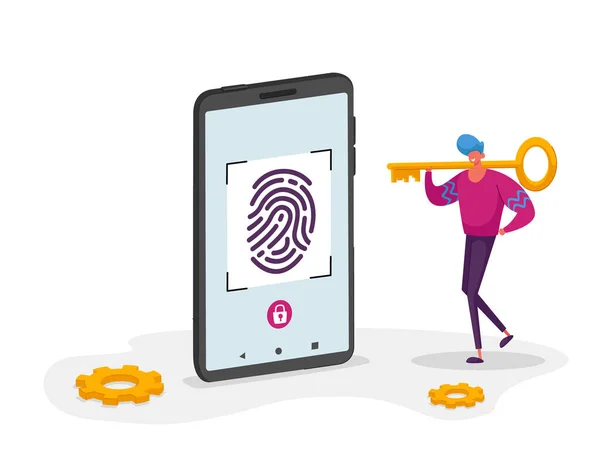 Finger Print Scan, Autorização no Sistema de Segurança. Digitalização de impressões digitais na tela do smartphone. Man Character Holding Chave enorme para controle de acesso. Identificação da Pessoa. Desenhos animados Vector Ilustração —  Vetores de Stock