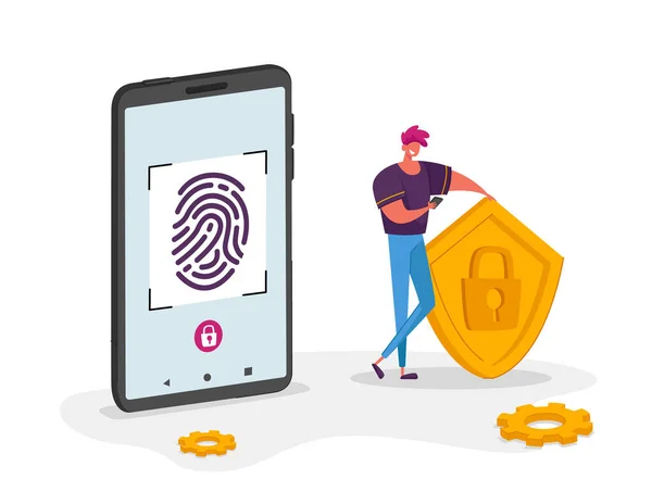 Cybersecurity concept. Man Character Stand at Enorme Mobile Phone Holding Shield met Lock Symbool in handen, Touch Screen for Finger Scan. Biometrische ID Vingerafdruk Scanning. Cartoon Vector Illustratie — Stockvector