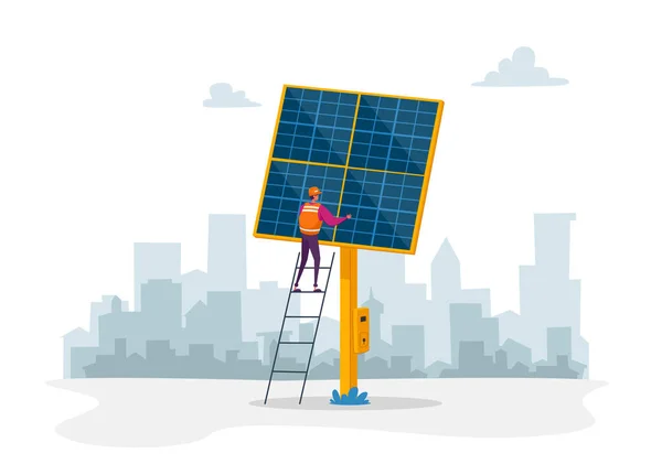 Postać pracownika Stań na drabinie w pobliżu panelu słonecznego na tle miejskim. Ludzie wykorzystują światło słoneczne do wytwarzania energii elektrycznej i ciepła. Green Eco City Futurystyczna technologia. Ilustracja wektora kreskówek — Wektor stockowy