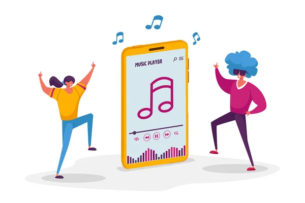 Young Characters Listen Music Player, Dancing on Disco Party Happy People in Fashioned Clothing Spending Time Together Moving to Sound Rhythm, Happy Leisure and Sparetime (англійською). Cartoon Vector Illustration — стоковий вектор
