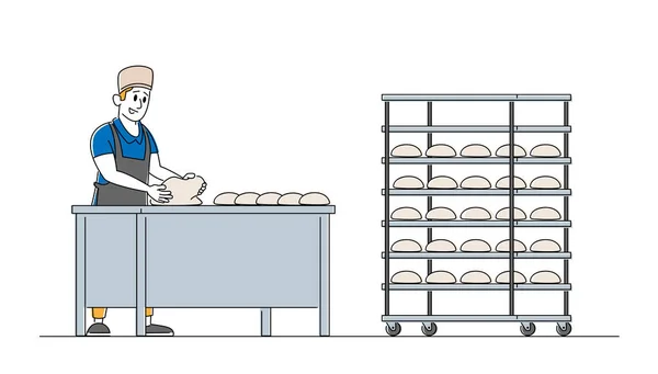 Bakery Factory und Food Production Concept. Männliche Bäckerfigur beim Kneten von Teig auf dem Tisch zum Brotbacken. Arbeiter in einer modernen Konditorei oder Backfabrik. Lineare Vektorillustration — Stockvektor