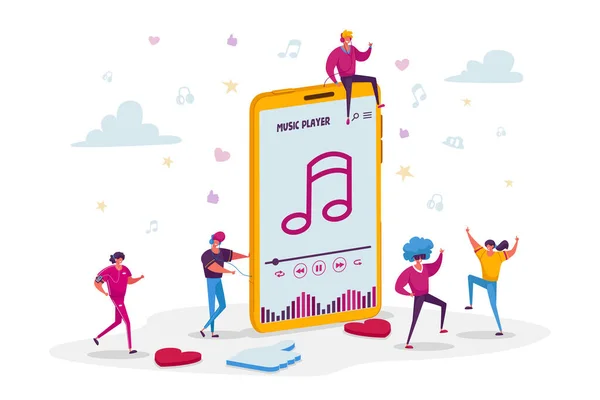 Jongeren luisteren Sound Composition op Music Player of mobiele telefoon toepassing. Kleine mannelijke en vrouwelijke personages dragen hoofdtelefoon Genying Dancing and Relaxing. Cartoon People Vector Illustratie — Stockvector