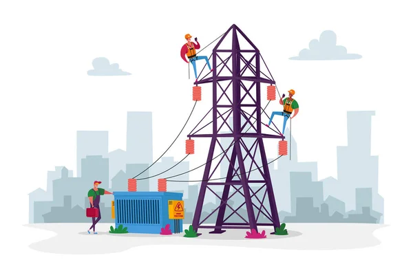 Trabalhadores Eletricistas Personagens com Ferramentas, Equipamento de Manutenção Torre de Transmissão Elétrica. Estação de Energia Powerline na Cidade. Telefone ou Linha de Eletricidade Polos. Desenhos animados Pessoas Vector Ilustração — Vetor de Stock