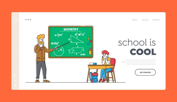Education, Back to School Landing Page Template. Boring Schoolboy Character Sitting at Desk with Textbook front of Blackboard with Teacher Explaining Geometry Lesson. Linear People Vector Illustration — Stock Vector