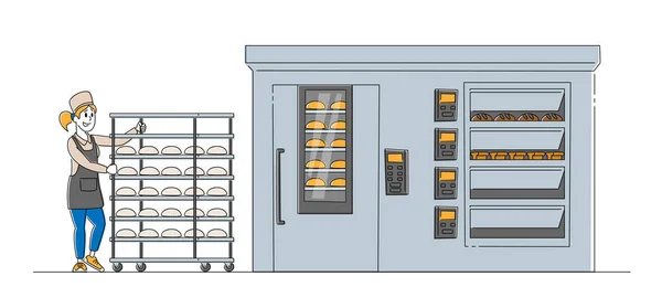 Arbeitsprozess in der Backindustrie. Bäckerfigur in Robe Rollender spezieller Metallwagen mit rohen Brotlaiben, die zum Backen in den riesigen Backofen kommen, Factory Technologies. Lineare Vektorillustration — Stockvektor