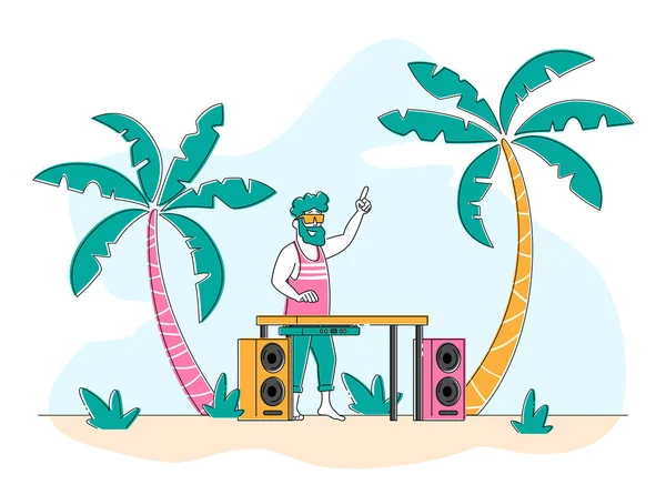 Happy Dj personaggio maschile in camicia rosa e occhiali da sole sulla testa che suona e mescola musica al Beach Disco Party. Discoteca Divertimento, Stile di vita giovanile, Intrattenimento e concetto di Fest. Illustrazione vettoriale lineare — Vettoriale Stock