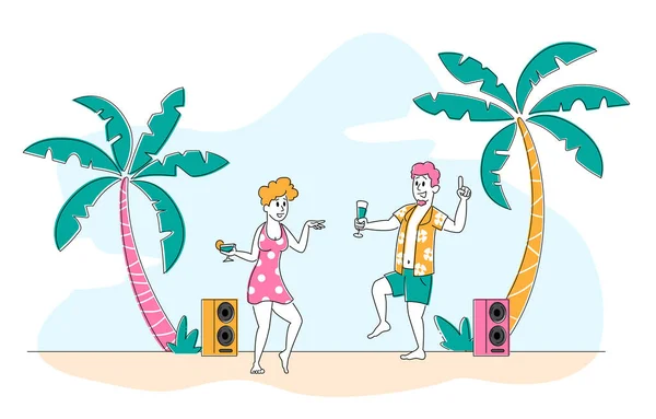 Beach Party na egzotycznym Tropical Resort. Młodzi ludzie Postacie Taniec i picie koktajli na wybrzeżu w czasie letnim na tropikalnym krajobrazie z palmami, para Relaks. Liniowa ilustracja wektora — Wektor stockowy