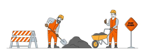 Строители символов копать почву с лопатой и удалить на тачке. Рабочие используют лопату для удаления грунта. Процесс ремонта дорог на строительной площадке. Вектор линейных людей — стоковый вектор