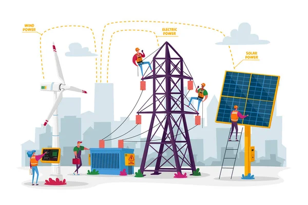 Sürdürülebilir Yeşil Enerji Geliştirme, Çevre ve Ekoloji Koruma Konsepti. Yeni Teknoloji Entegrasyonu, Güneş Panelleri, Yel Değirmenleri, Elektrik Kulesi. Çizgi Film İnsanları Karakterleri Vektör İllüstrasyonu