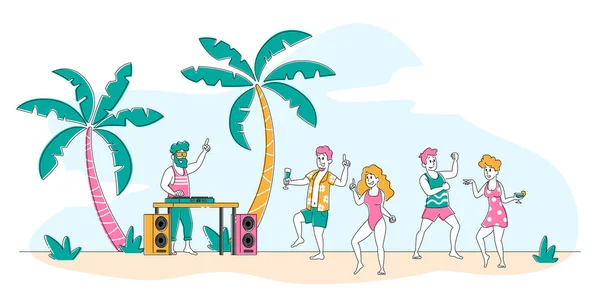 Fiesta en la playa tropical con gente relajándose a la hora del verano. Jóvenes y mujeres disfrutando de la actividad de baile en Sandy Seaside con Dj tocando música. Personajes jóvenes Ocio. Ilustración de vectores lineales — Archivo Imágenes Vectoriales