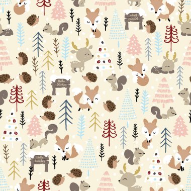 Orman hayvanlarıyla kusursuz bir Noel deseni.