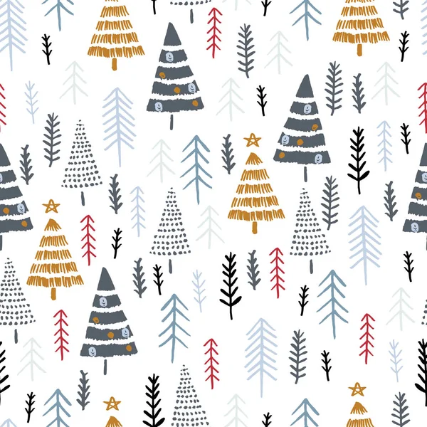 Patrón sin costuras de invierno con árboles de Navidad, maderas de abeto sobre fondo blanco — Vector de stock
