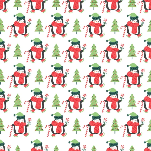 Patrón sin costuras con lindos pingüinos patinaje sobre hielo con bastón de caramelo y árbol de Navidad — Vector de stock