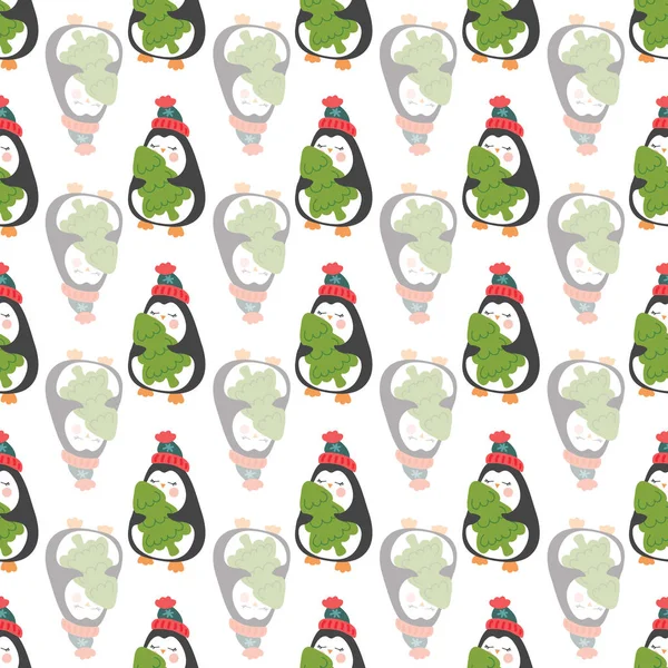 Patrón sin costuras con lindos pingüinos sosteniendo en el árbol de Navidad . — Vector de stock