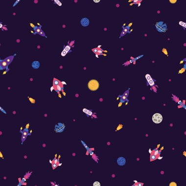 Space elements seamless pattern with cartoon spaceship, rockets, planets, stars, sun on purple backdrop with polka dots