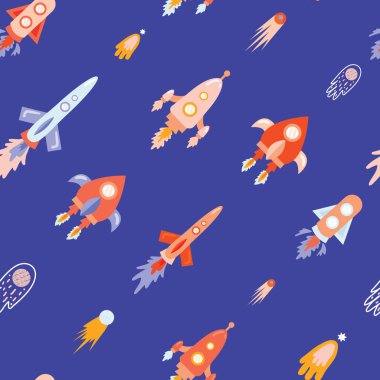 Space elements seamless pattern with cartoon spaceship, rockets, meteoroid on blue backdrop, arranged in diagonal line.