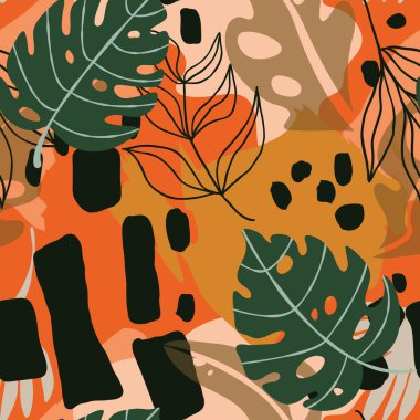 Egzotik tropikal yapraklar ve soyut el yapımı süslemeli bitkilerle renksiz kahverengi arkaplan. Yaratıcı palmiye çiçeği arka planı.