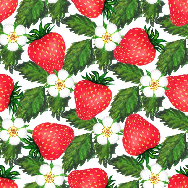 Strawberry watercolor seamless pattern. Watercolor illustration with colorful strawberries. Seamless watercolor pattern for print design. Colorful wallpaper. Isolated illustration. White isolated
