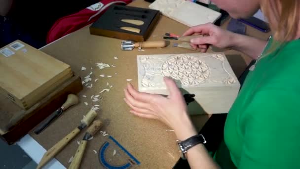 Wood carving, chisels, handmade, crafts, caskets, DIY — Stok video