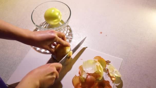 Styckning av lök för sallad och kött — Stockvideo