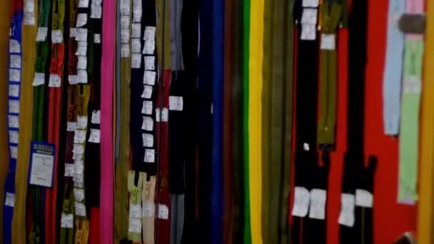 In the fabric store a large selection of fabrics, you can cut a piece and buy, as well as accessories — Stockvideo