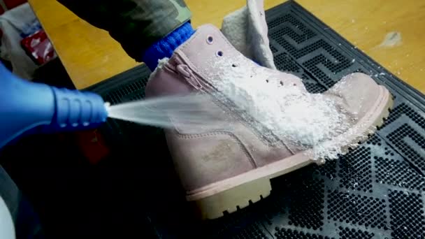 Dry Cleaning Shoes Using Steam — Stock Video