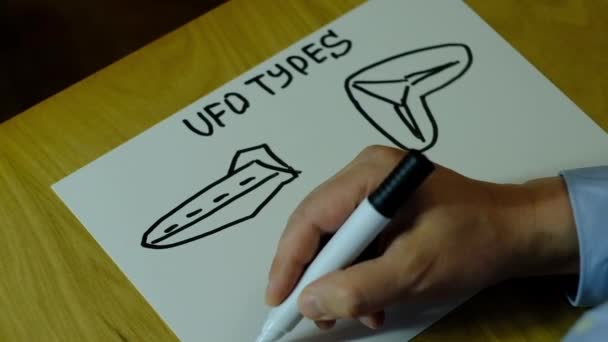 Different Types Extraterrestrial Flying Vehicles Drawn Paper — Stock Video