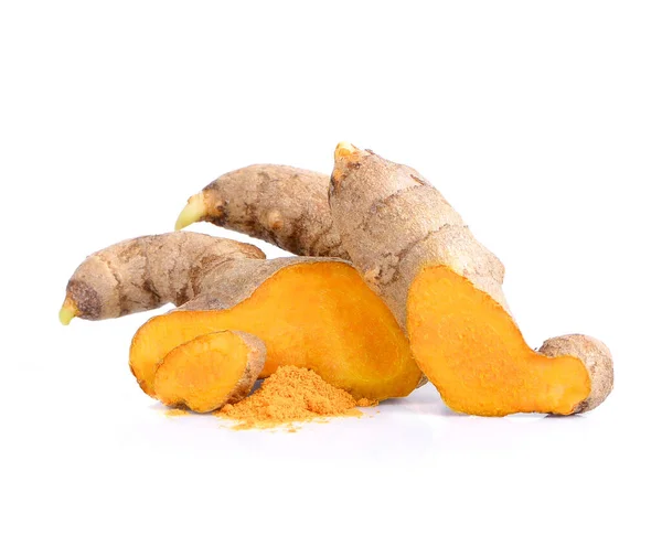 Bebek zerdeçal bitkisi, beyaz sırt bandında toz zerdeçal. Zerdeçal bitkisel zerdeçal kökü ve toz..