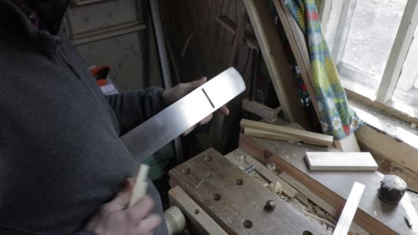 Mâle charpentier formant des bords de planche en bois pour plateau de pin avec un Jack-plane. Angle supérieur — Video