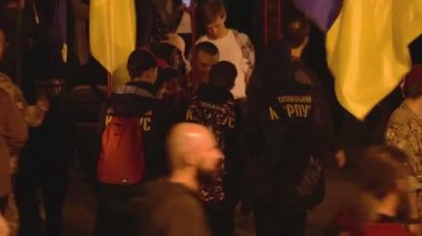 Kyiv, Ukrayna 14 Ekim 2019. Milliyetçi aktivistler, Ukrayna destekçileri Minsk Protokolü ve Steinmeier Formülünü protesto ediyorlar
