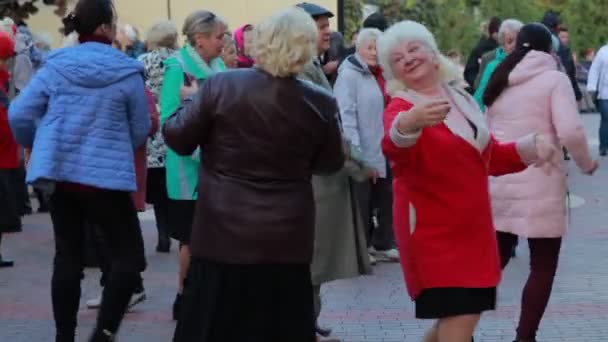 ウクライナのチェルニヒフ22スポット2019 。引退した2人の女性が公園で楽しい時間を過ごしています公園の古い音楽に — ストック動画