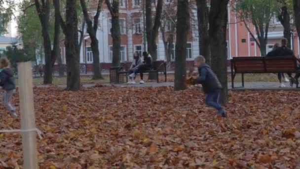 Chernihiv, Ucrânia. 13 out 2019. Menino está perseguindo pequena menina bonito e jogando folhas no parque no outono. Tiro portátil — Vídeo de Stock