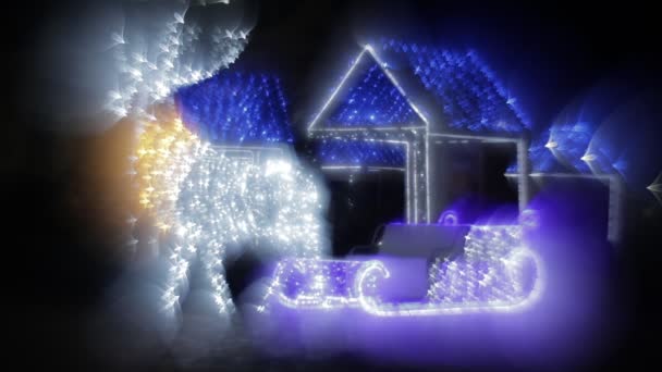 Świecące Christmas Reindeer Lights Design z małymi domkami na tle. Sanki, świąteczne dekoracje — Wideo stockowe