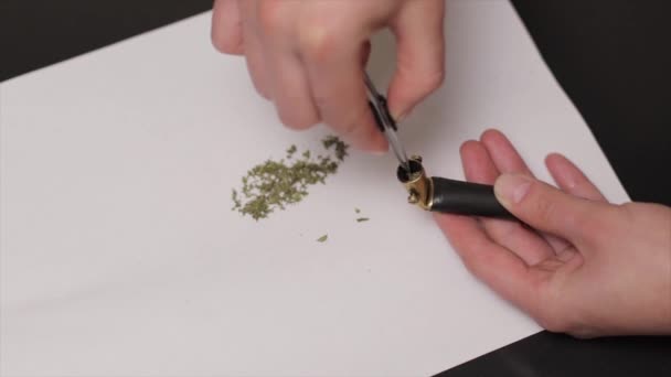 Sigara içmek için pipo ve marihuana paketleyen genç beyaz kadın elleri. Yavaşla — Stok video