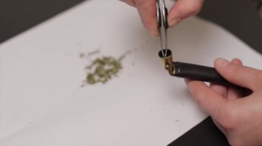 Genç beyaz kadın ellerinin sigara içmek için pipo ve marihuana paketlemesi.