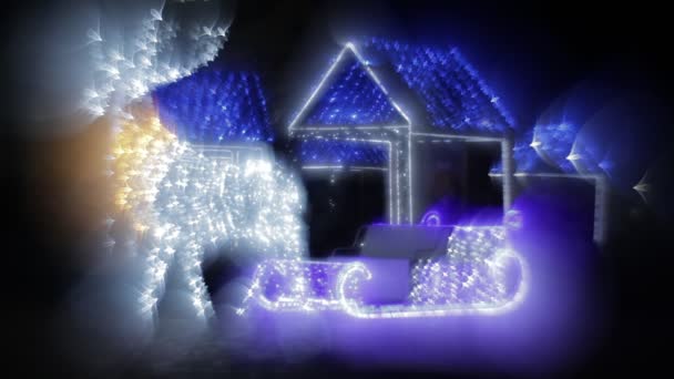 Λαμπερό Χριστούγεννα Τάρανδος Σχεδιασμός Φώτα με μικρά σπίτια στο παρασκήνιο. Σάντα έλκηθρο, Χριστουγεννιάτικα στολίδια — Αρχείο Βίντεο