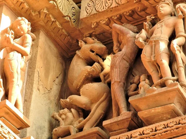 Erotikus Szobrok Szex Jelent Ember Kajuraho Templomok Madhya Pradesh India — Stock Fotó