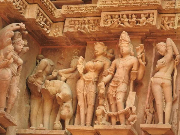 Erotické Sochy Pohlavní Styk Člověka Kajuraho Chrámech Madhya Pradesh Indie — Stock fotografie