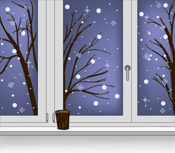 Window with views falling snow and tree. Coffee, latte, capuchino on the windowsill. Vector winter illustration for background — Stock Vector
