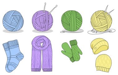 Örgü ve set. Örgü iğnesi, kanca, yün şiş. İplik ya da terzi el yapımı dükkanlar için tabelalar ve logolar.