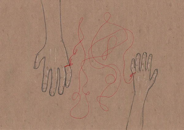 Esoteric and magic illustration of a human in graphics. Hands tied with red thread of fate. Figure black pen