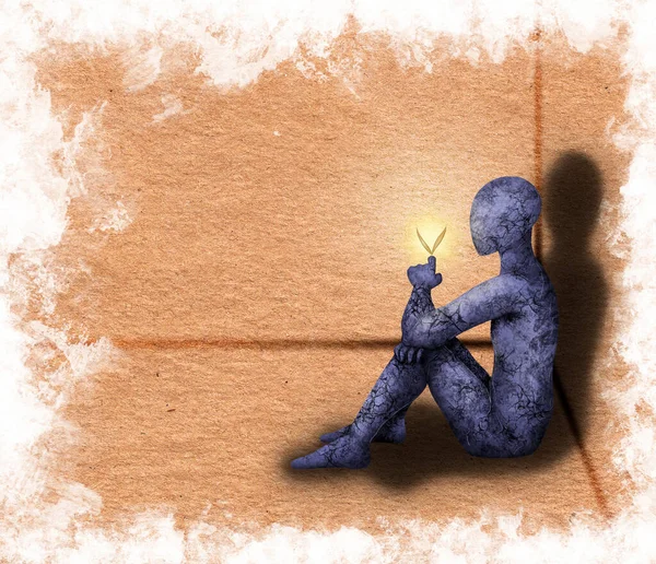 Ilustração esotérica e mágica de um humano de pedra em caixa de artesanato com borboleta leve. Corpo de rocha — Fotografia de Stock