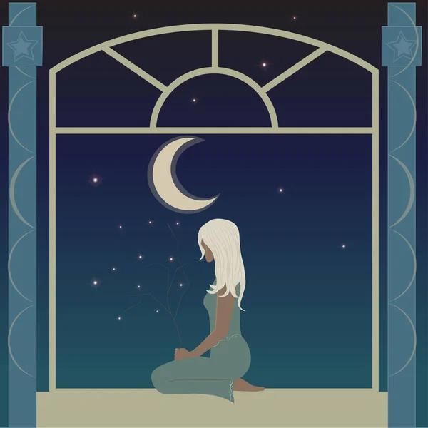 Blonde Girl Sitting Window Looking Moon Stars — Stock Vector