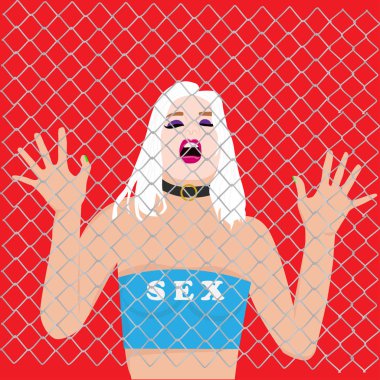 Kafes moda illüstrasyonunda sarışın kötü seksi kız.