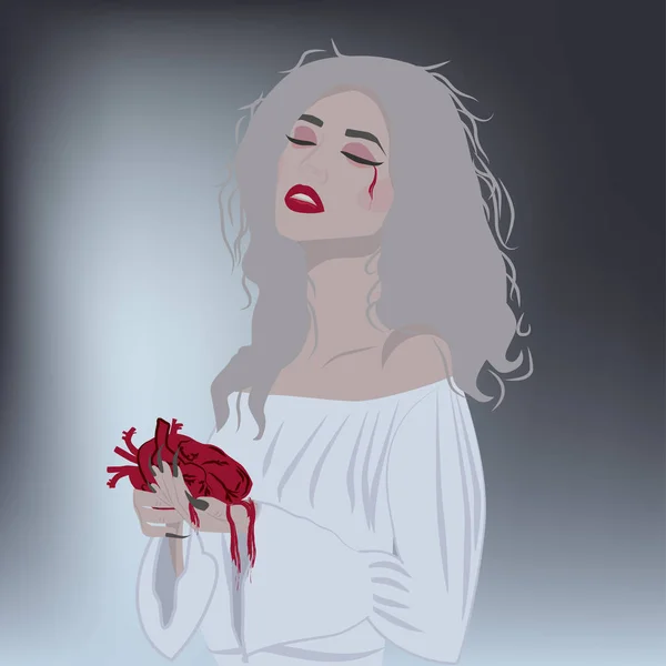 Blonde Vampire Girl Bleeding Heart Gothic Vector Illustration — 스톡 벡터