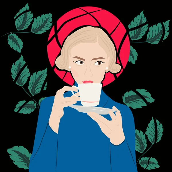 Blonde Woman Tea Cup Vector Fashion Illustration — Stock Vector
