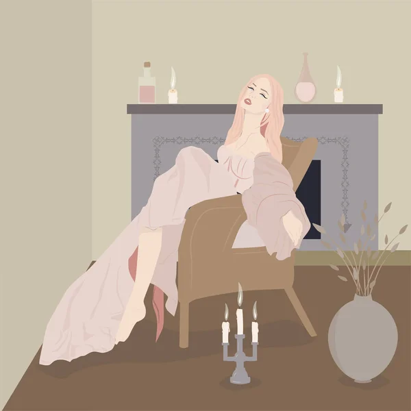 Rgb Sexy Glamour Woman Pink Hair Dress Sitting Room Fireplace — Stock Vector
