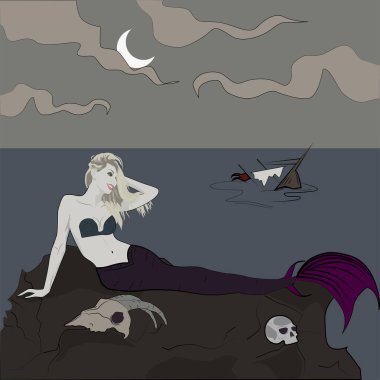  RGB şeytani seksi denizkızı kafatası vektör çizimleriyle denizde oturuyor.